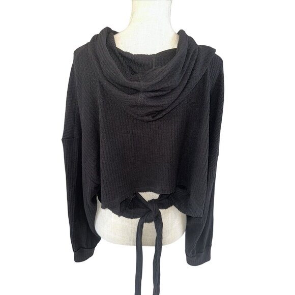 Versona Womens Cropped Hoodie Ribbed Knit Black Hooded Sweater Pullover XL - Picture 3 of 7